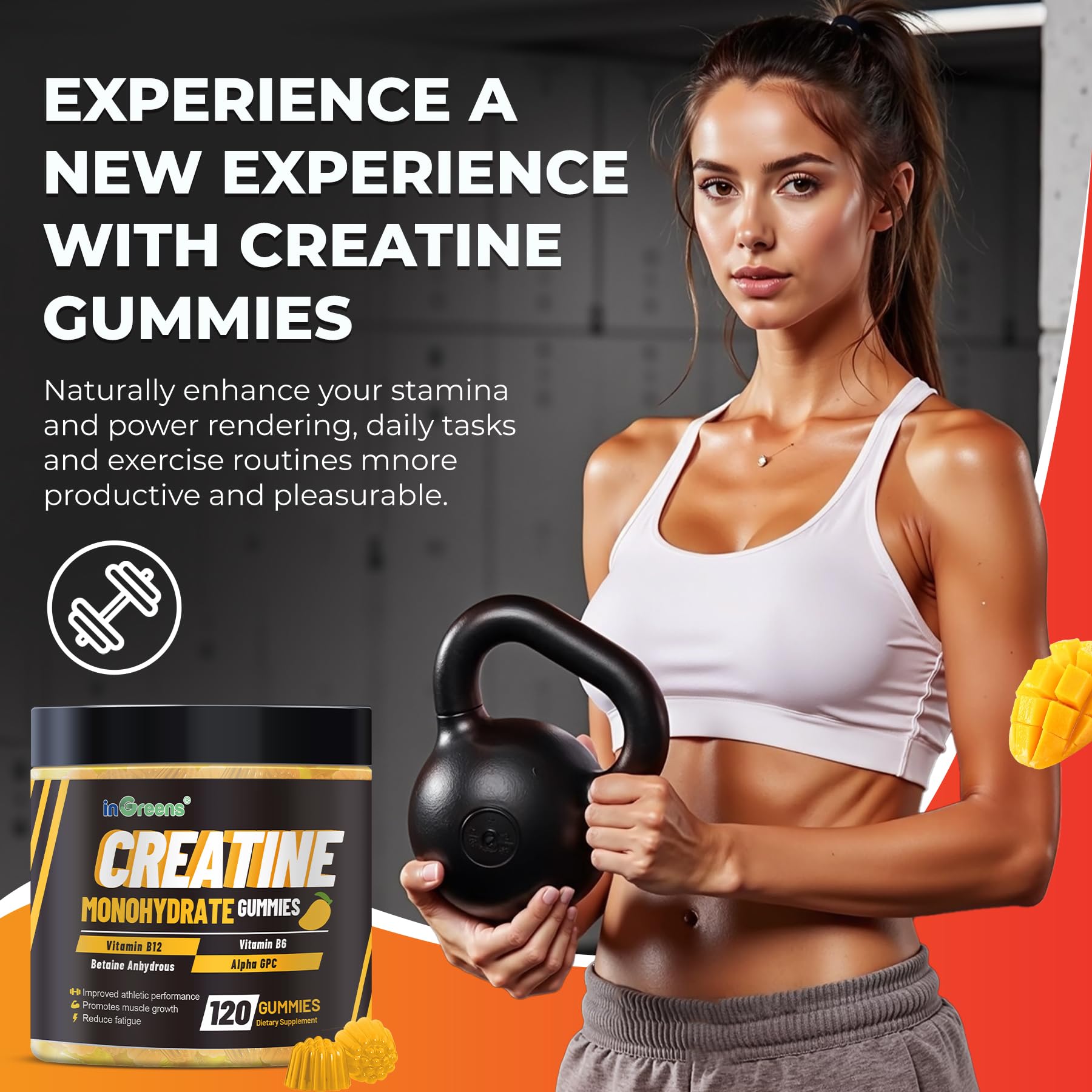 inGreens Creatine Gummies close-up; berry flavor and chewy texture.