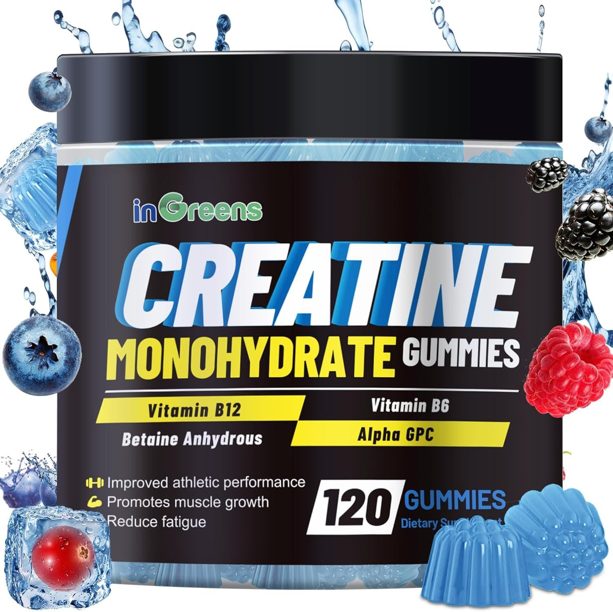 inGreens Creatine Monohydrate Gummies bottle front for convenient daily use