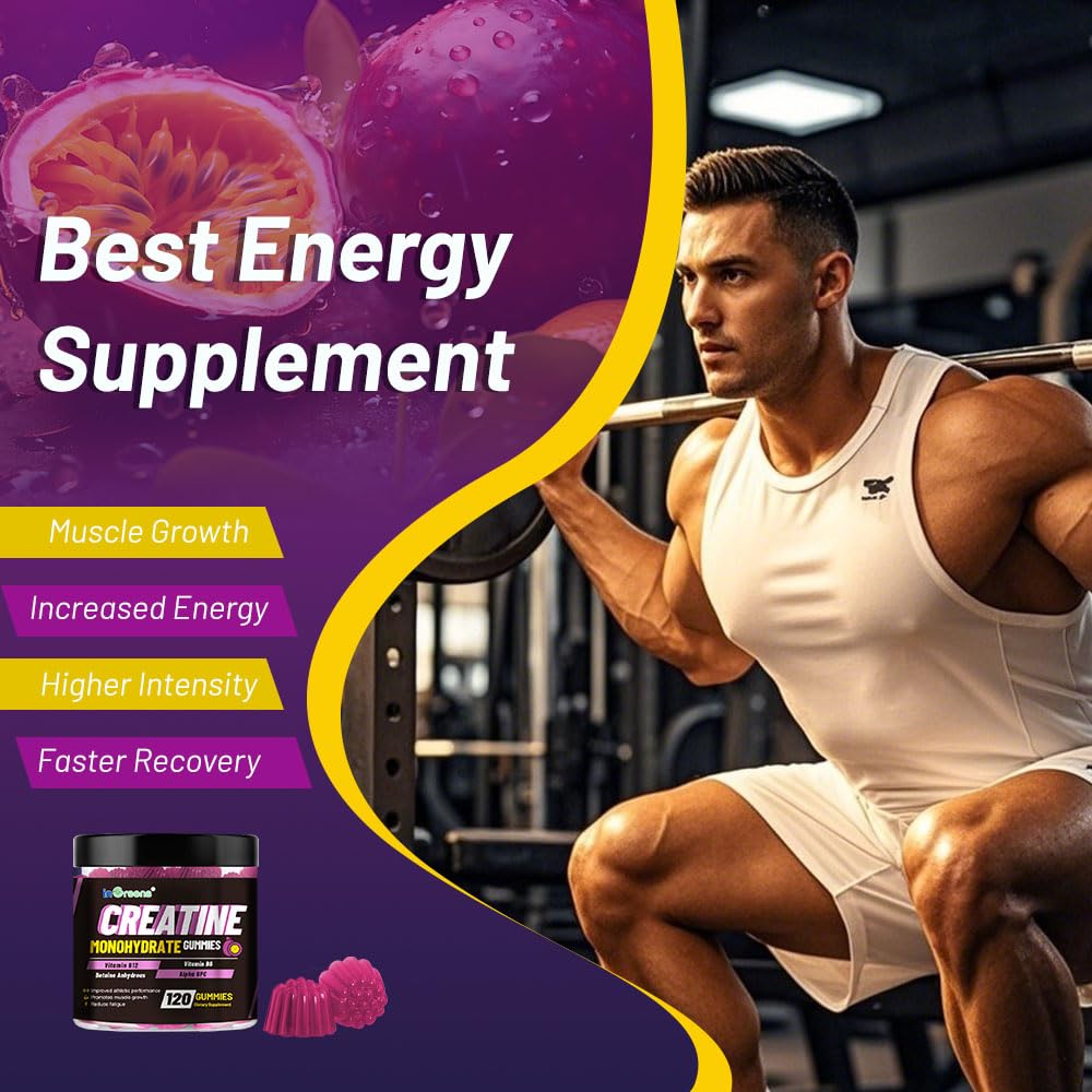 inGreens Creatine Monohydrate Gummies berry flavor on workout desk backdrop.