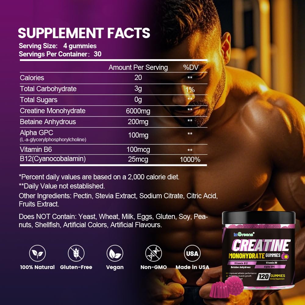 inGreens Creatine Monohydrate Gummies close-up highlights berry flavor and chewy texture.