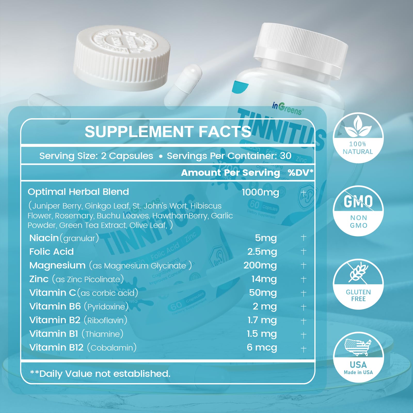 inGreens herbal blend capsules highlight natural ingredients for ear health and potential ringing relief.