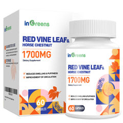 inGreens Red Vine Leaf Extract bottle being poured for vein support.