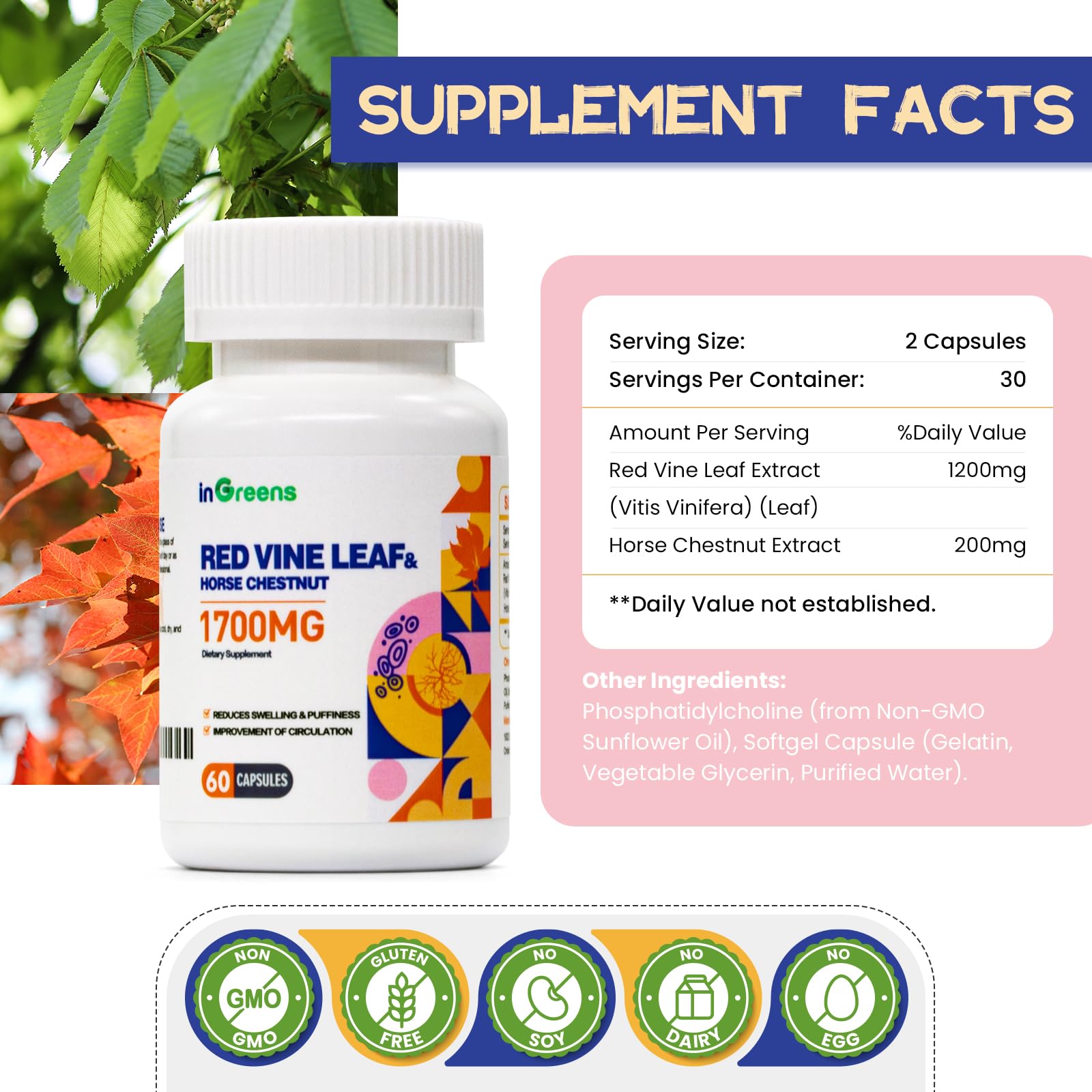 inGreens Red Vine Leaf Extract capsules close-up highlighting potency.