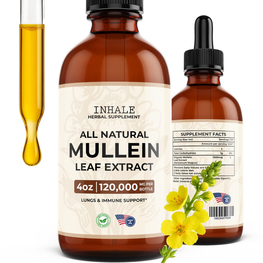 Inhale Mullein Drops bottle label highlighting brand and respiratory support.