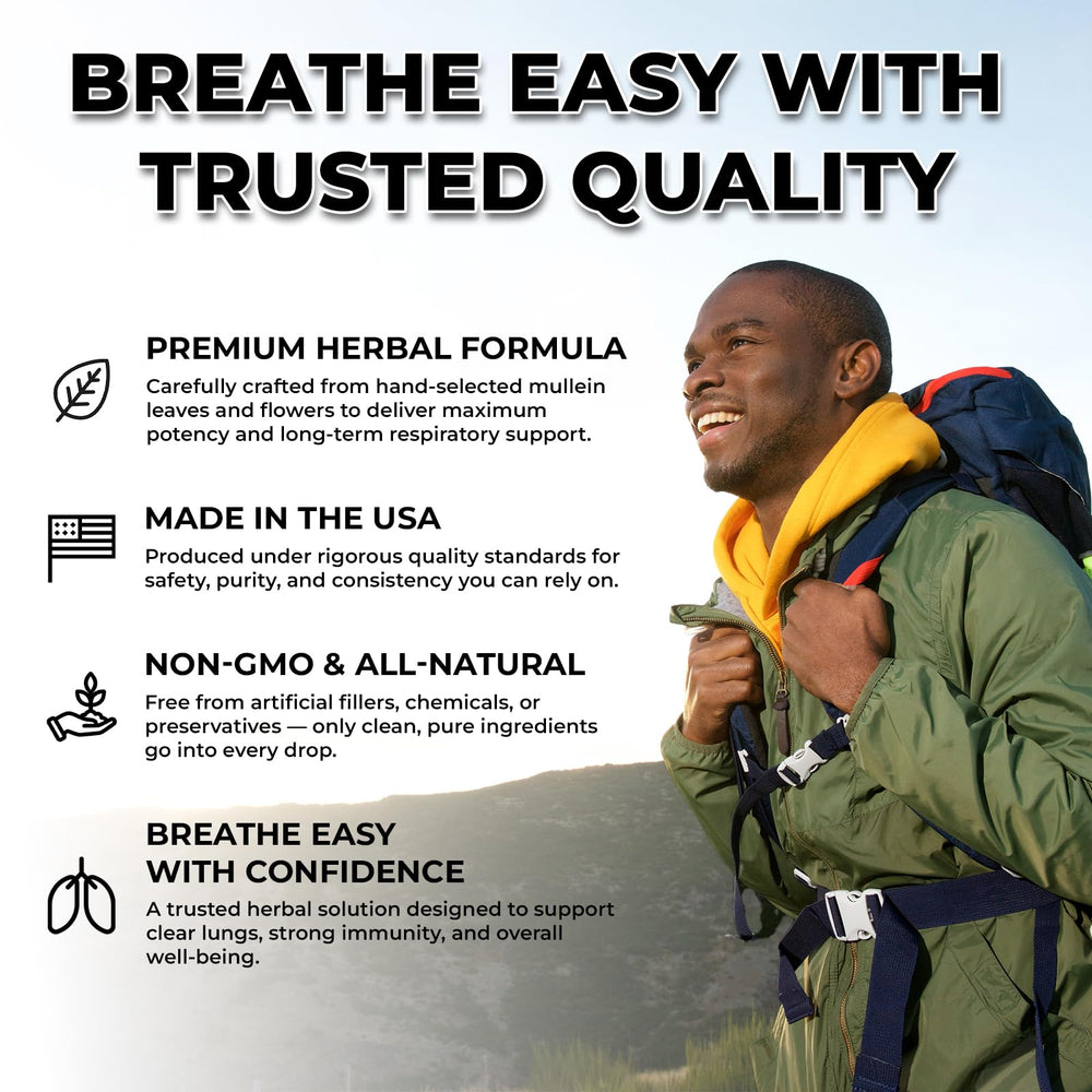 Inhale Mullein Drops mullein leaf illustration signaling natural lung care.