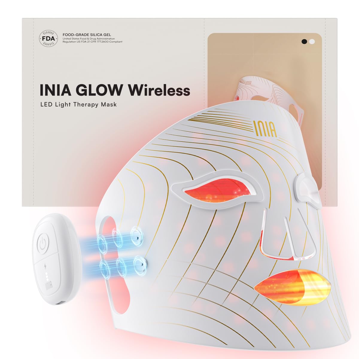 INIA red-light therapy mask on face for radiant skin