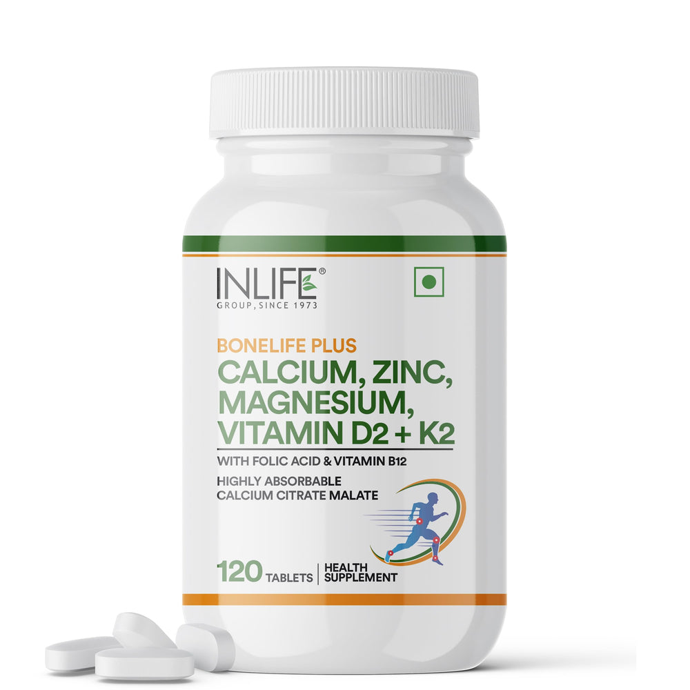 INLIFE calcium magnesium zinc vitamin d2 k2 tablets for bone support.