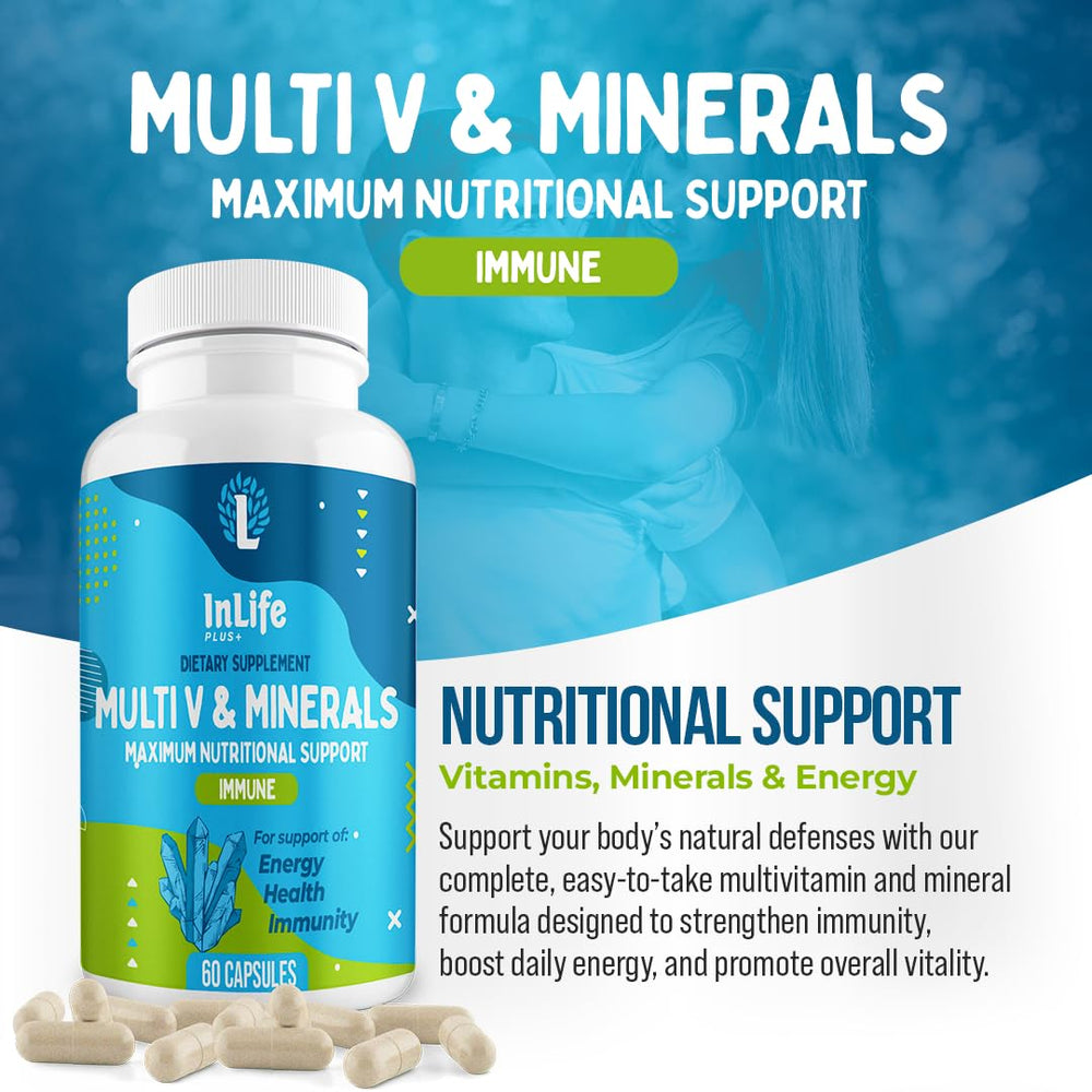 Close-up of Inlife Plus + multivitamin tablets showing color and texture for daily use