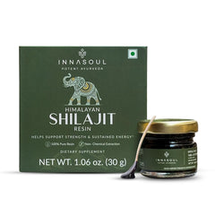 INNASOUL Shilajit resin bottle highlighting premium quality and vitality benefits