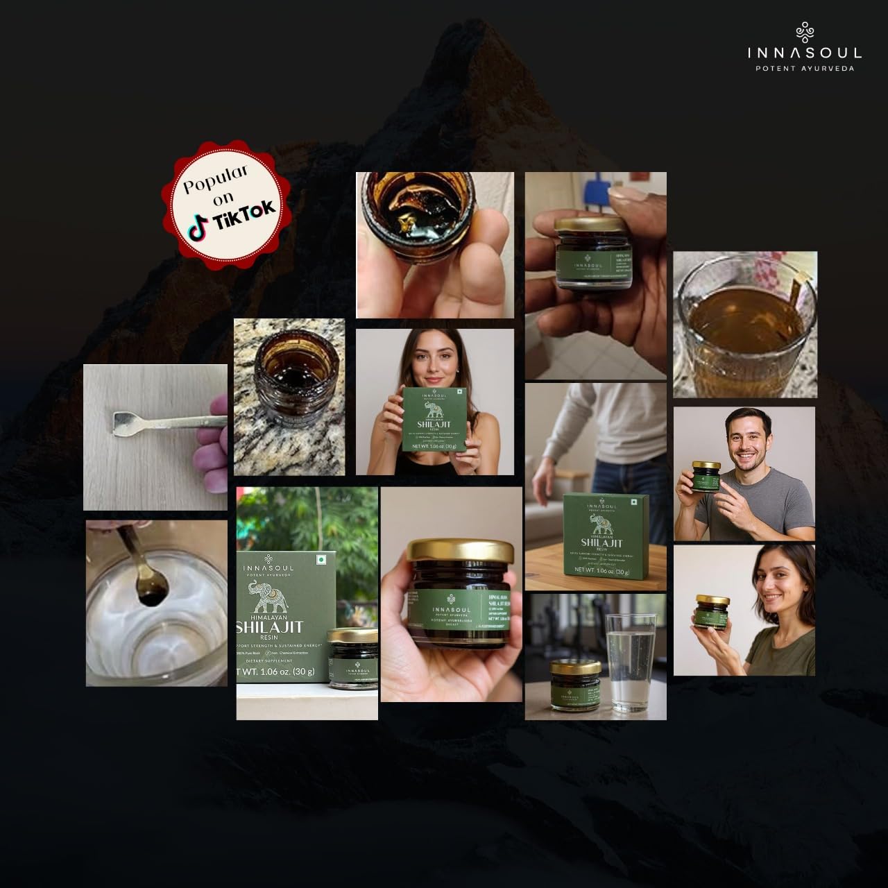 INNASOUL Shilajit resin packaging showcasing 75 servings and minerals