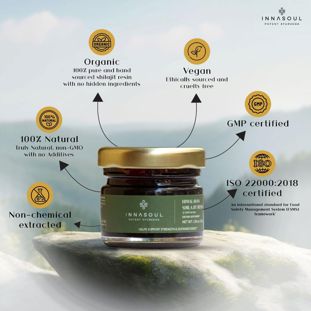 Closeup of INNASOUL Shilajit resin jar emphasizing purity