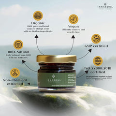 Closeup of INNASOUL Shilajit resin jar emphasizing purity