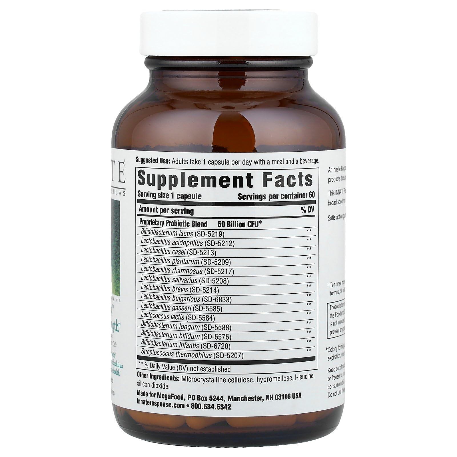 Innate Response Flora 50-14 capsules closeup highlighting 50B CFU and 14 strains