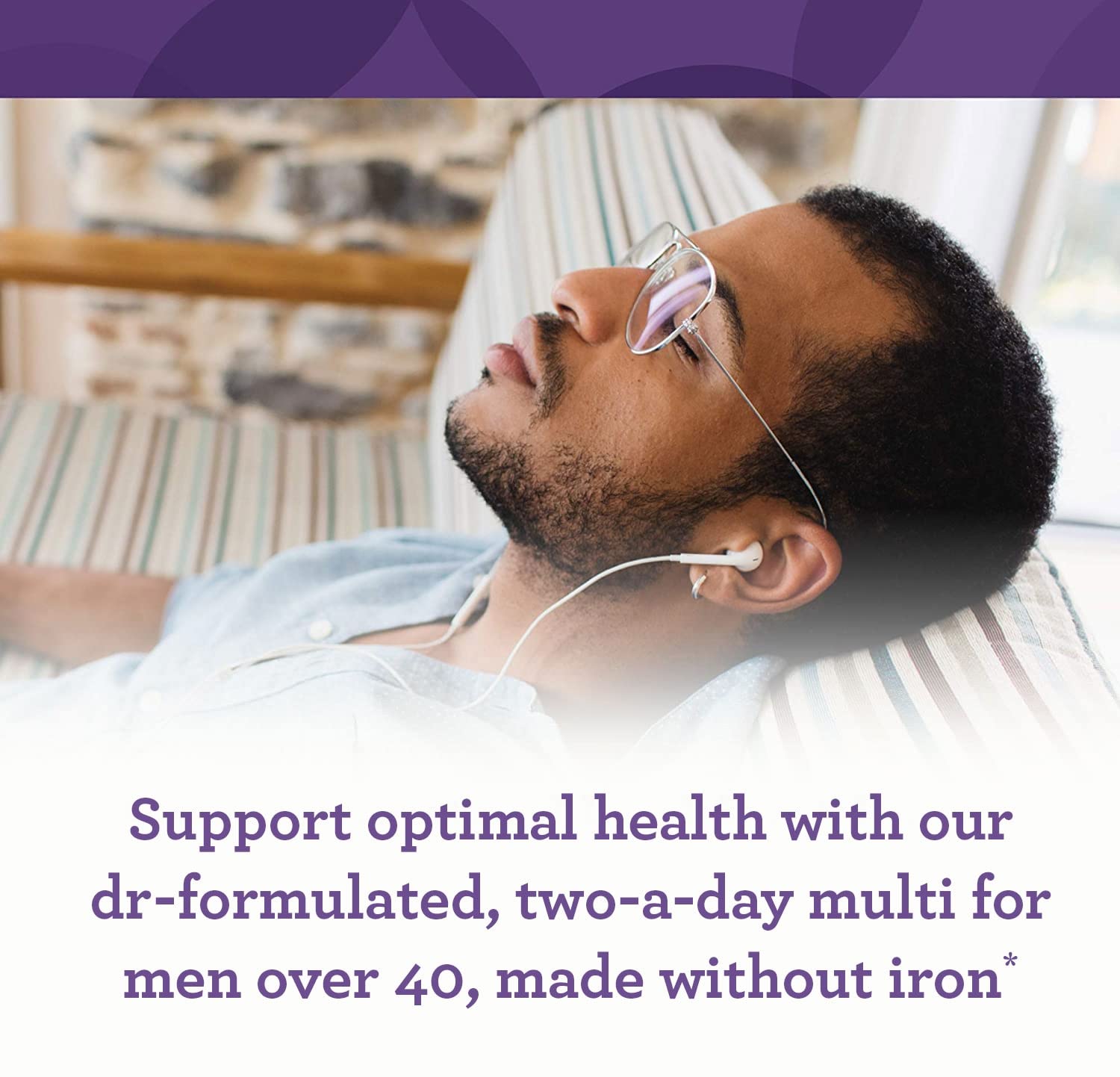 Innate Response men's 40+ multivitamin serving cup showing two-tablet daily dosage.