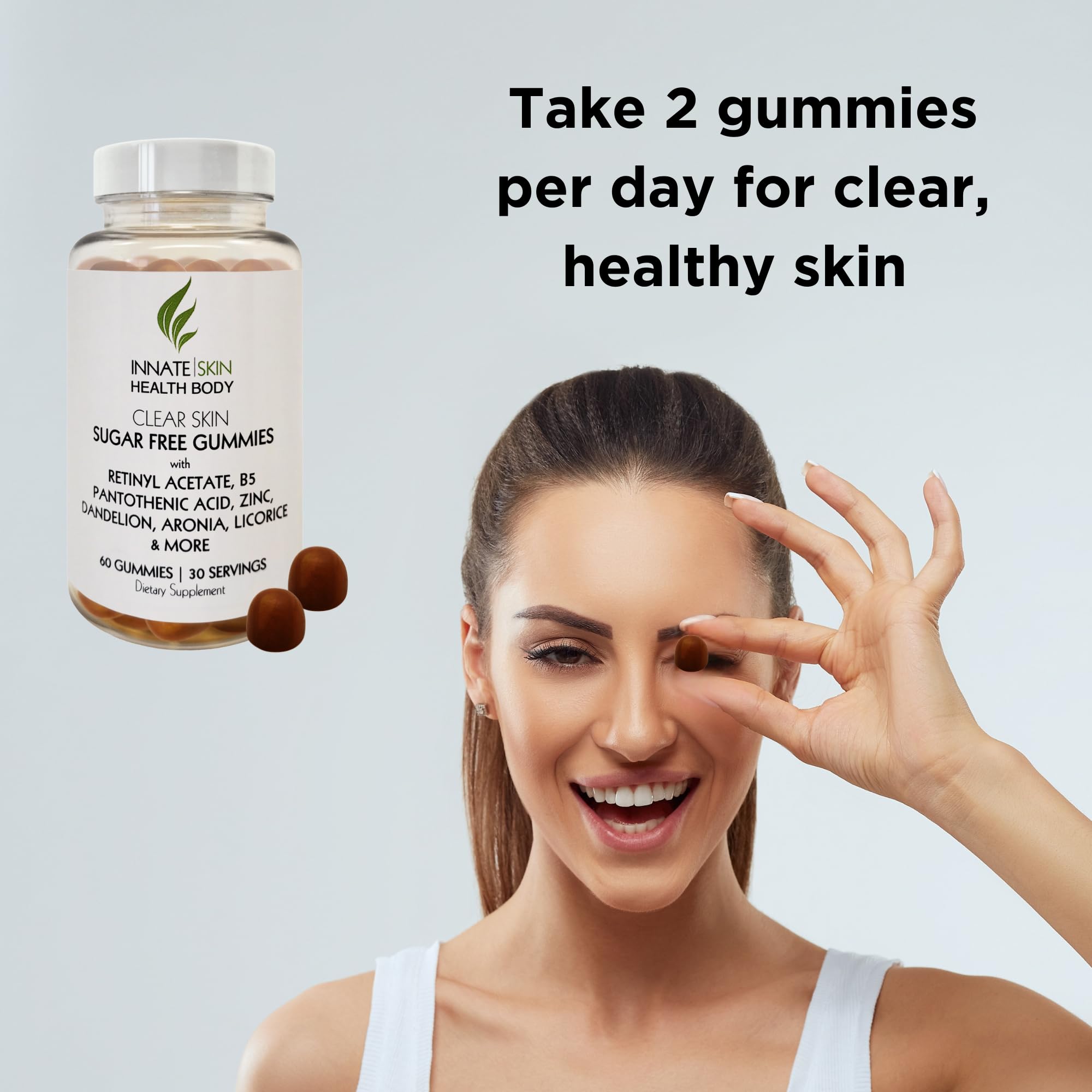 Innate Skin Acne Gummies ingredients chart highlighting Pantothenic Acid and antioxidants.