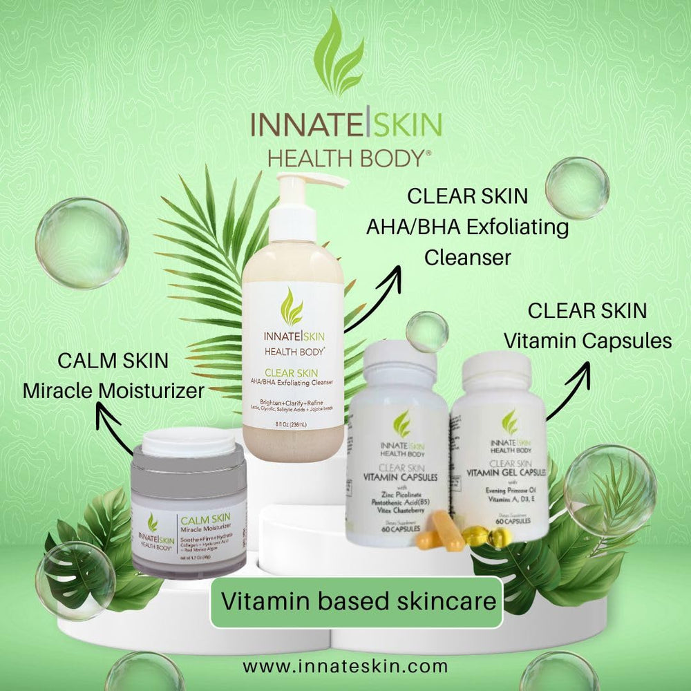 Innate Skin Acne Gummies label closeup showing ingredients and dosage note.