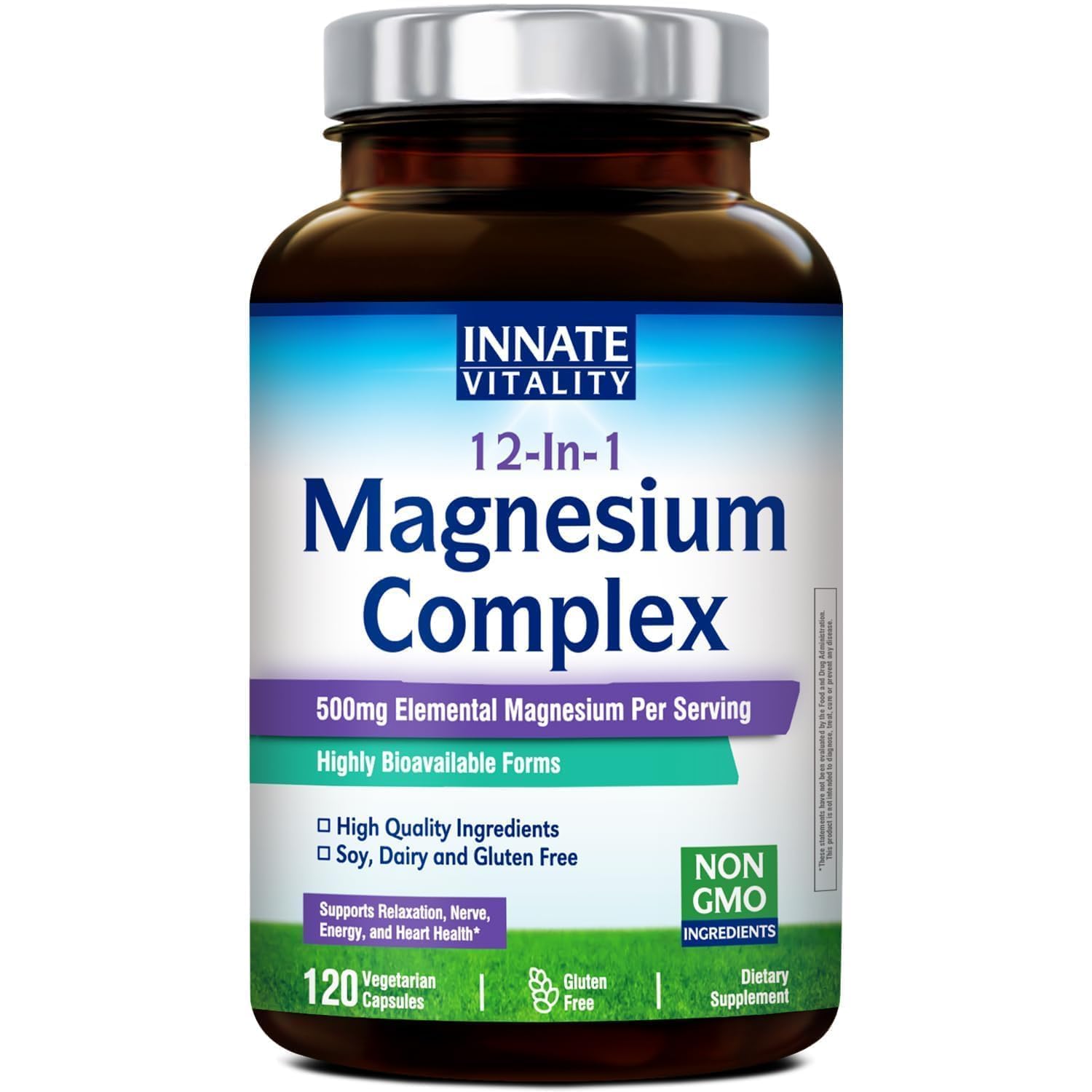 Innate Vitality 12-in-1 magnesium bottle showing 120 capsules for daily nerve support.