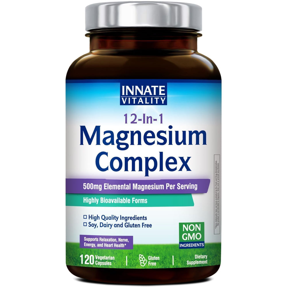 Innate Vitality 12-in-1 magnesium bottle showing 120 capsules for daily nerve support.