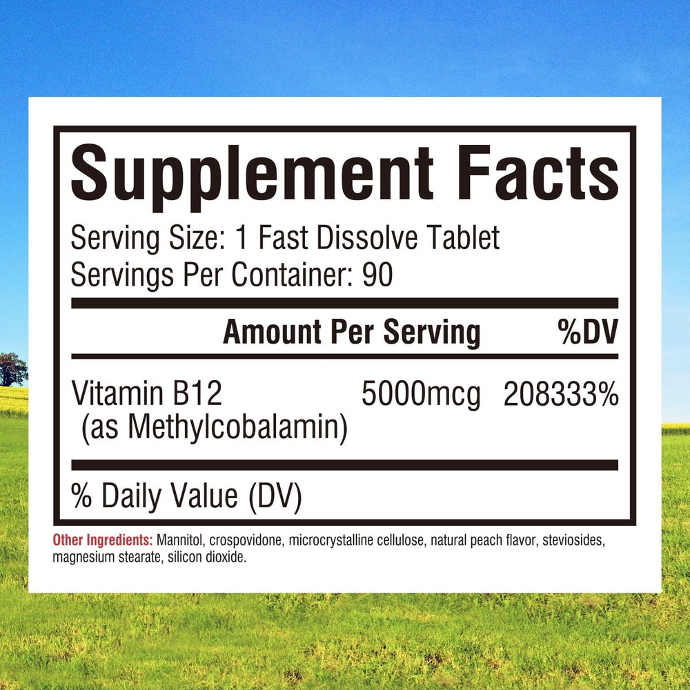 Innate Vitality B12 5000mcg close-up of tablet highlights fast-dissolve action