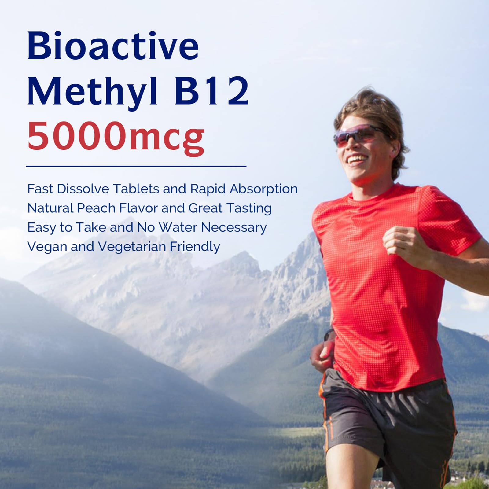 Innate Vitality B12 5000mcg tablet on tongue shows peach flavor dissolve