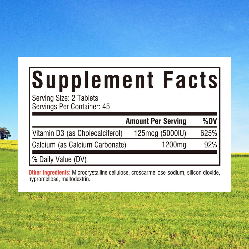 Innate Vitality Calcium 1200mg bottle label shows 5000 IU vitamin D3 for absorption.