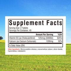 Innate Vitality Calcium 1200mg bottle label shows 5000 IU vitamin D3 for absorption.