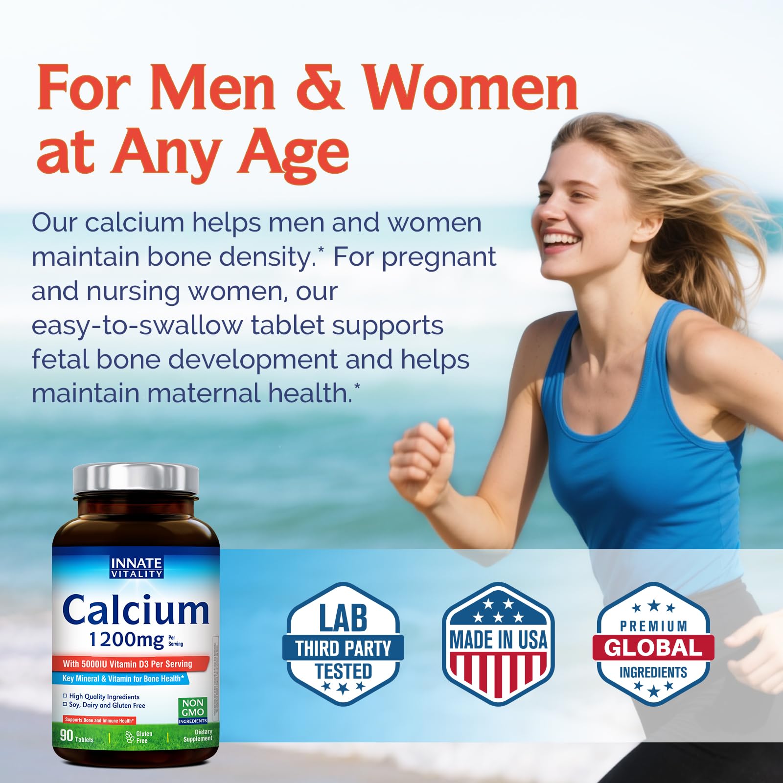 Innate Vitality Calcium 1200mg gluten-free label signals safe daily supplement.