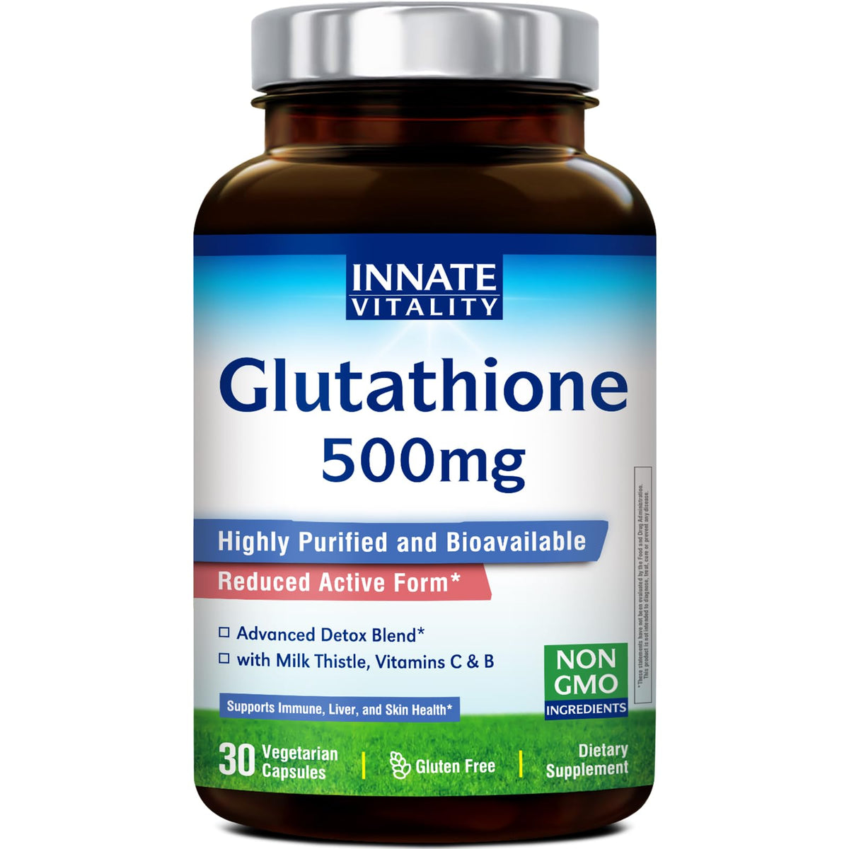 Innate Vitality Glutathione 500mg bottle top view showing premium antioxidant formula.