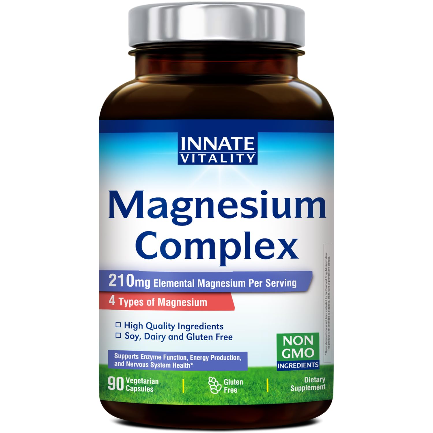 Innate Vitality Magnesium Complex bottle on table highlighting daily energy support.