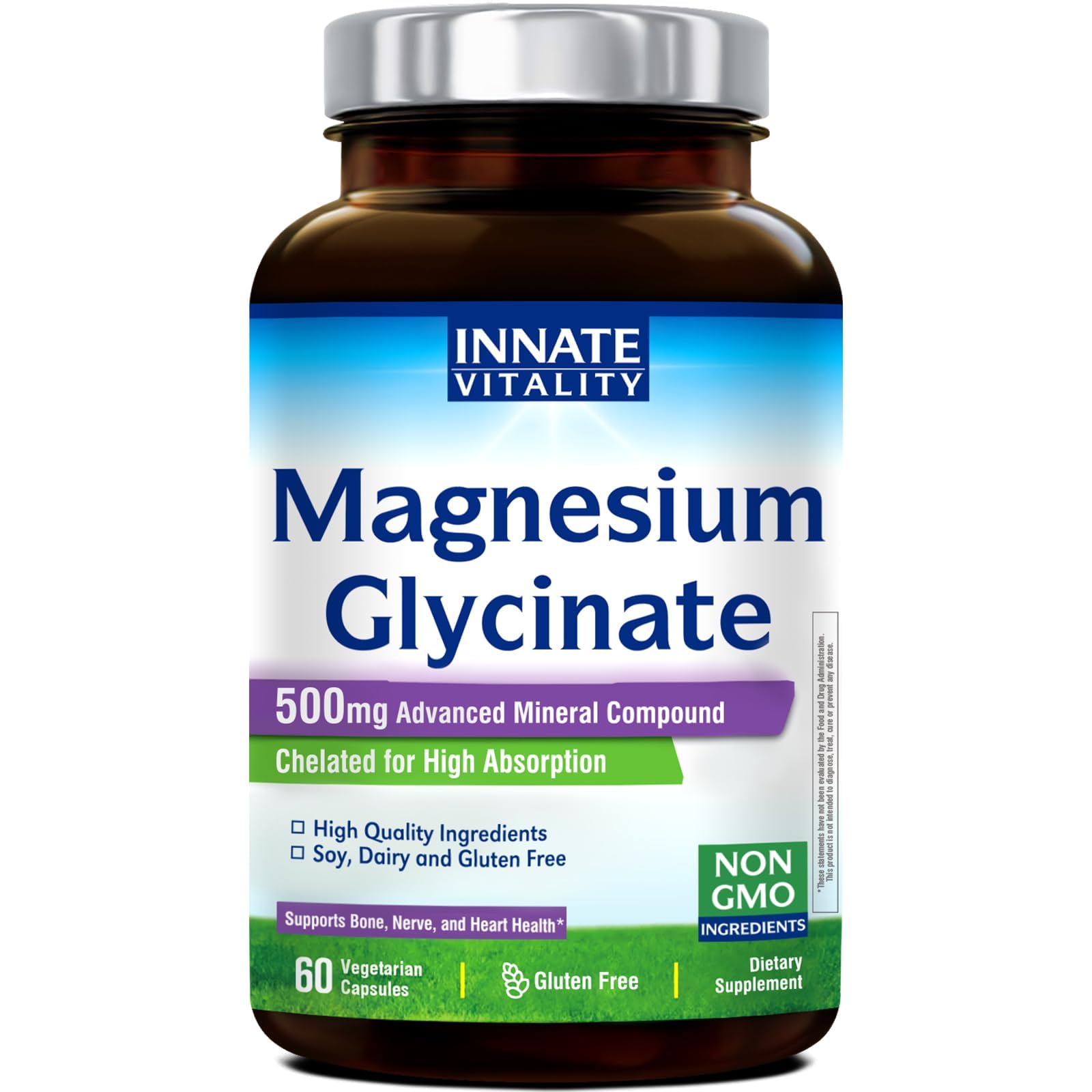 Innate Vitality Magnesium Glycinate 500mg bottle front, easy daily intake for everyday wellness.