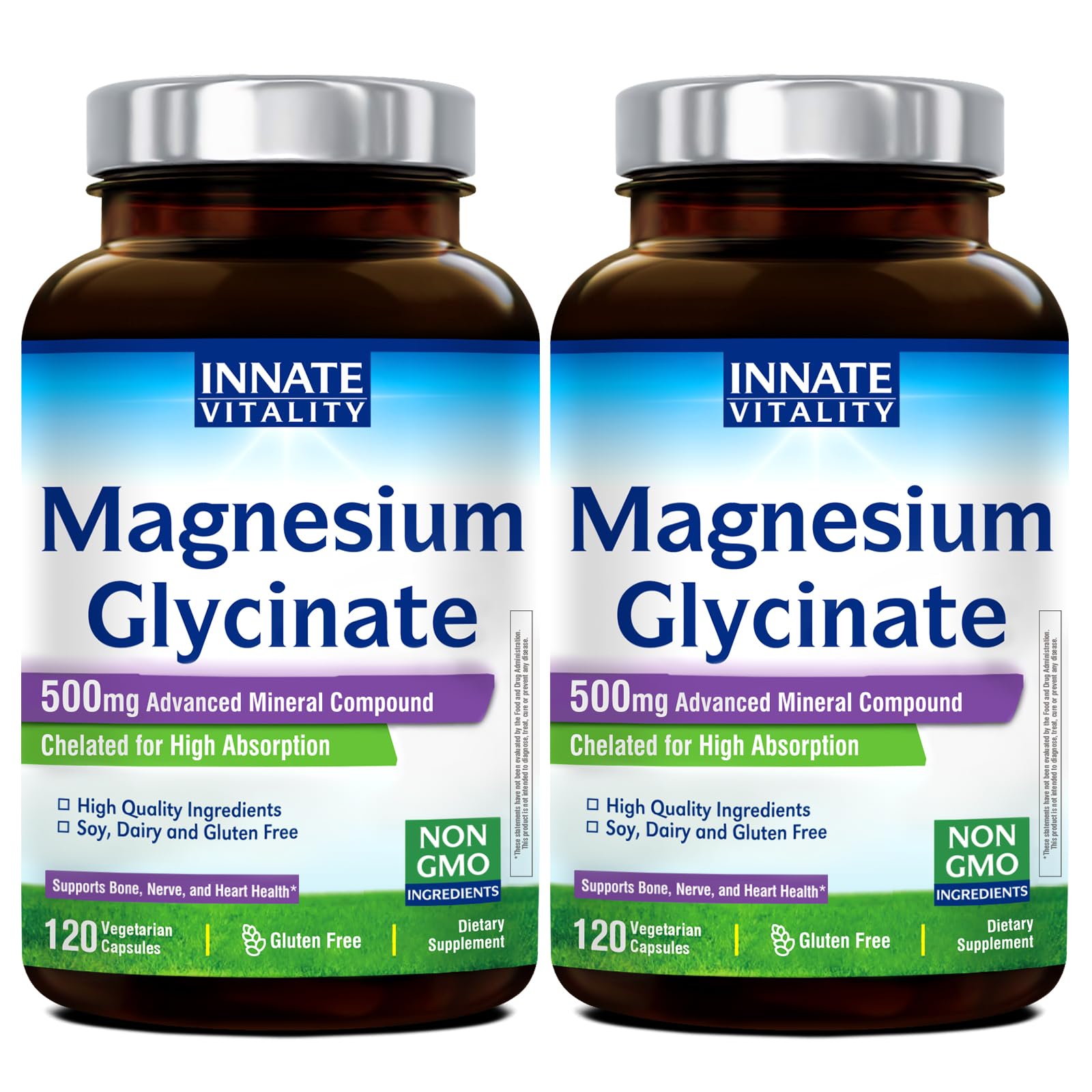 Innate Vitality Magnesium Glycinate bottle shows 500mg dosage for high absorption