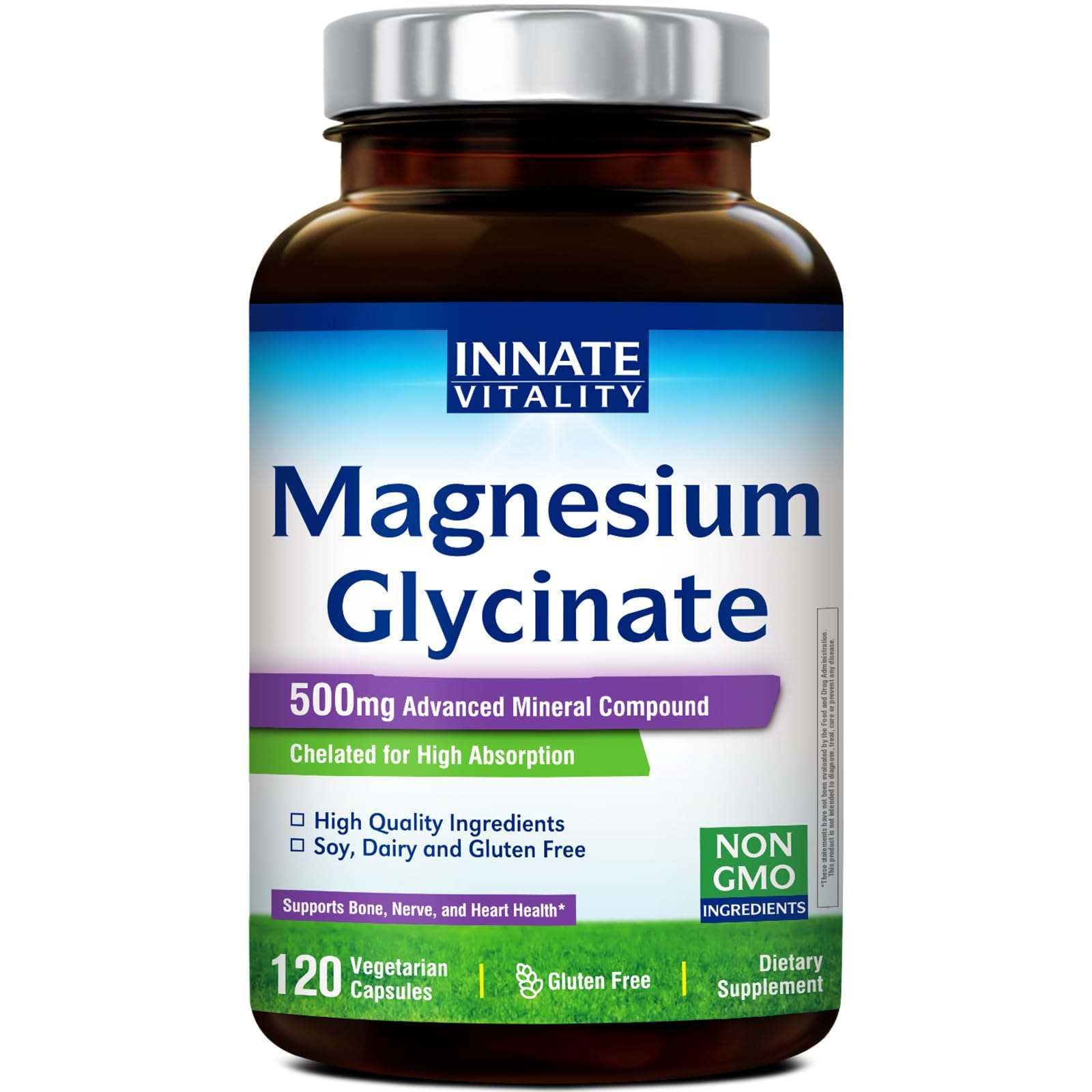 Innate Vitality Magnesium Glycinate bottle close-up highlighting vegan, highly absorbable formula