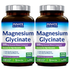 Innate Vitality Magnesium Glycinate bottle shows 500mg dosage for high absorption