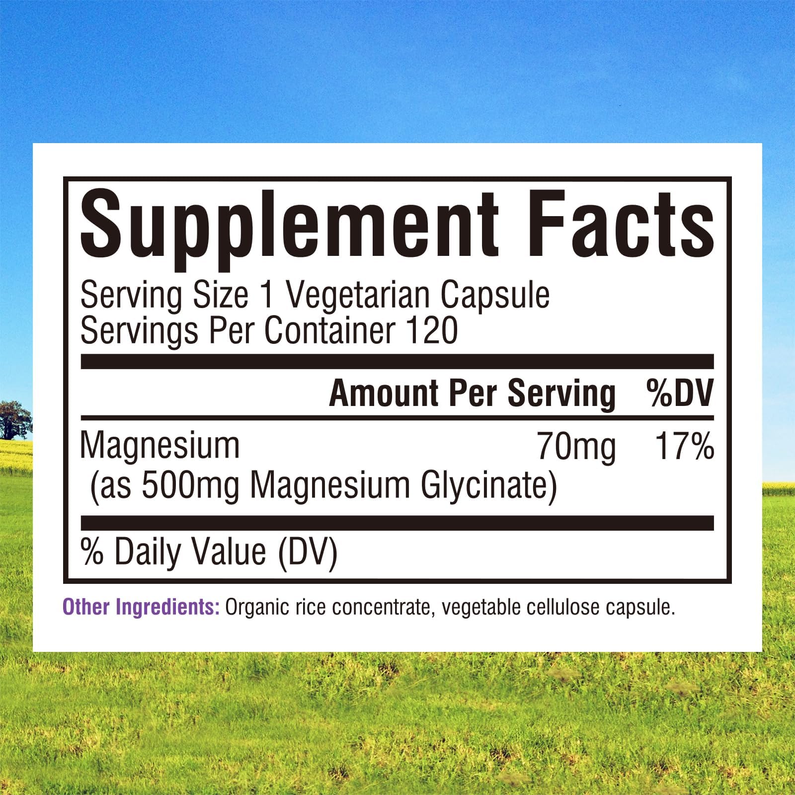Innate Vitality magnesium capsules close-up notes 70 mg elemental magnesium per capsule