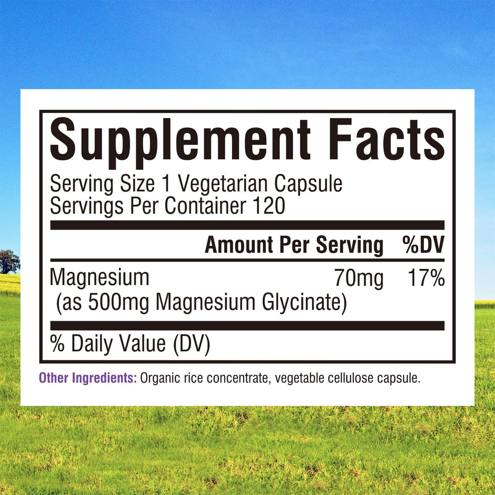 Innate Vitality magnesium capsules close-up notes 70 mg elemental magnesium per capsule