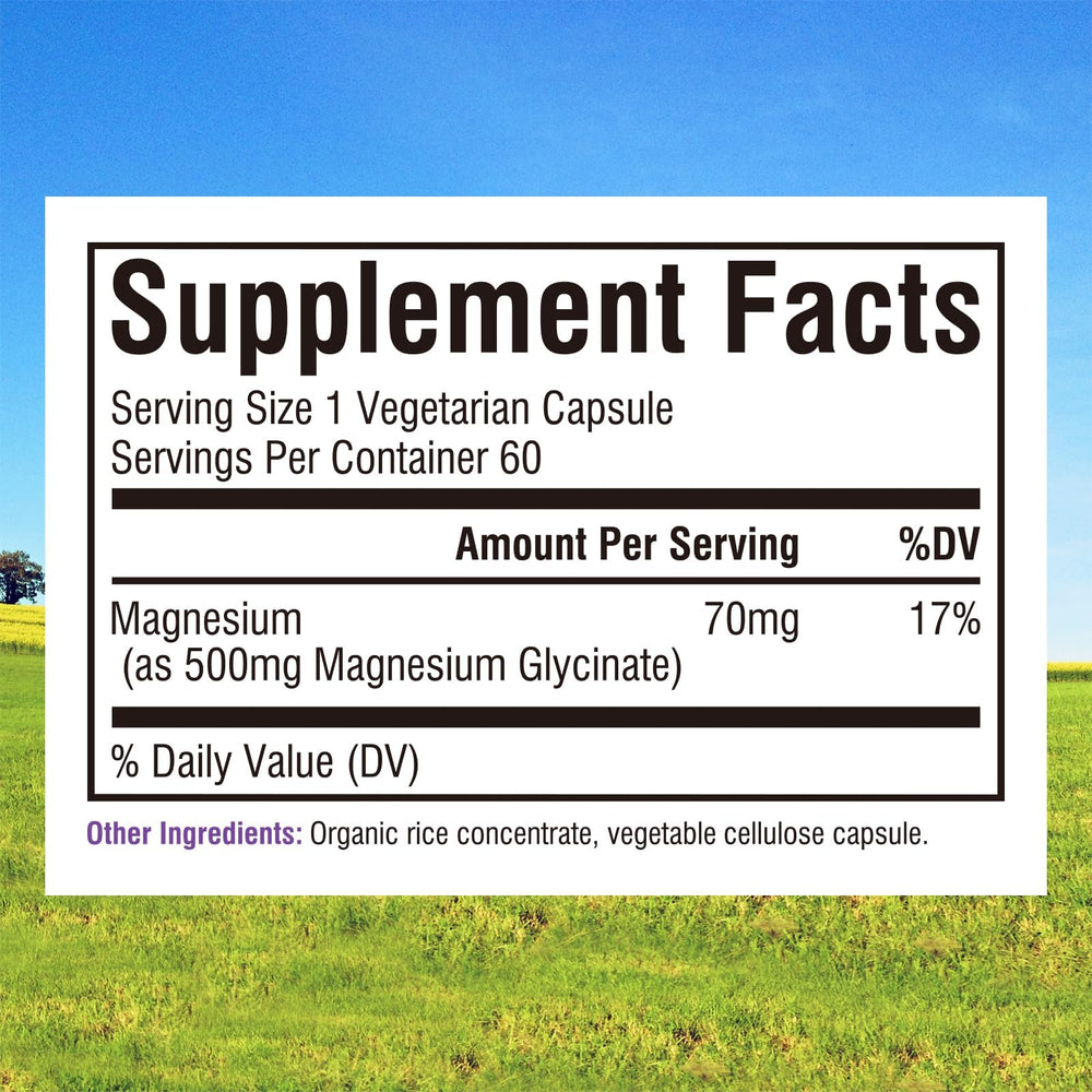 Capsules close-up highlighting chelated magnesium glycinate for high absorption.
