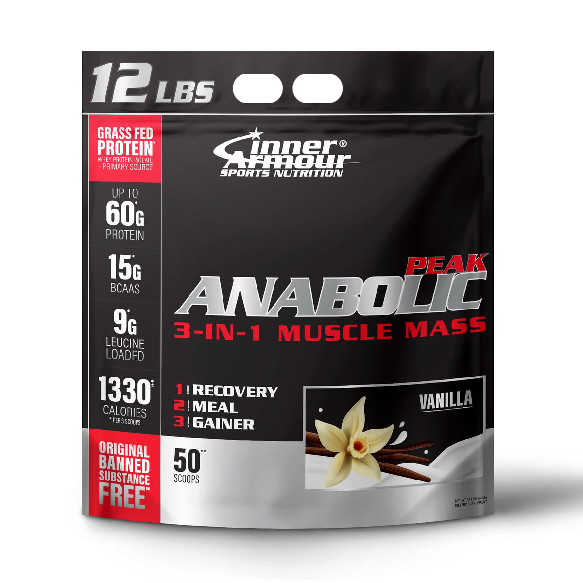Inner Armour Anabolic Peak vanilla label, highlighting 1330 calories for fueling intense workouts.