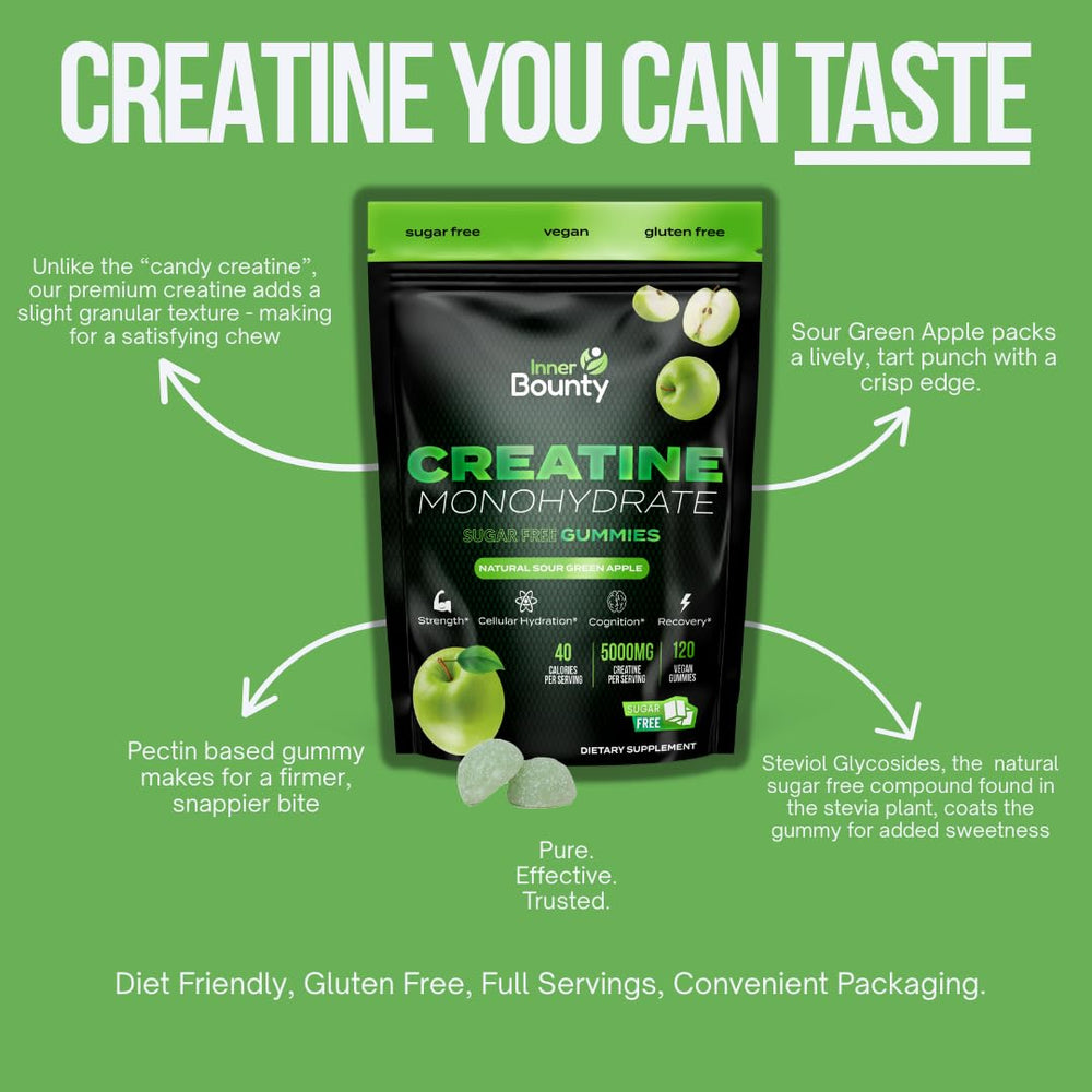 Inner Bounty creatine gummies pour into hand illustrating convenient dosing.