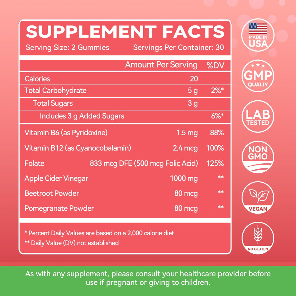 Naturally fermented ACV aroma signals purity and potency in these gummies.