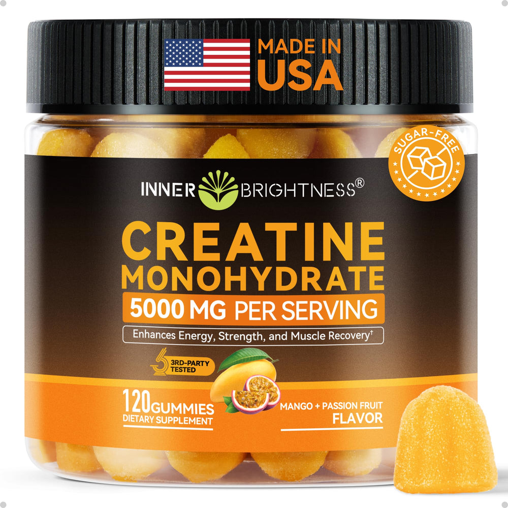 Inner Brightness creatine gummies bottle with mango passionfruit flavor for on-the-go energy