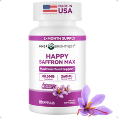 Inner Brightness Happy Saffron Max bottle front showing 60 vegan capsules for daily mood support.
