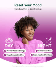 Inner Brightness Happy Saffron Max capsules closeup highlighting plant-based formula for energy and calm.