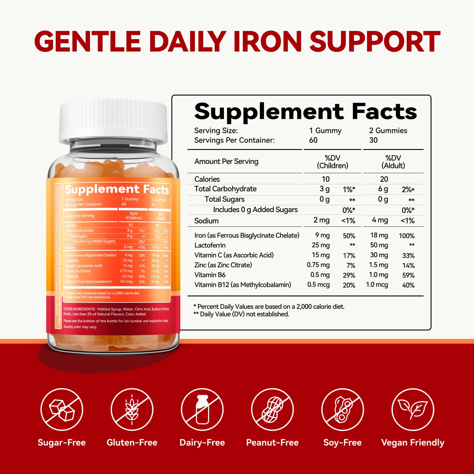 Inner Brightness Iron Gummies vegan label indicating plant-based nutrition.