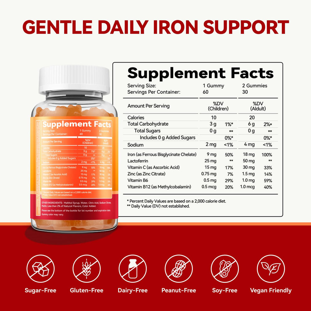 Inner Brightness Iron Gummies vegan label indicating plant-based nutrition.