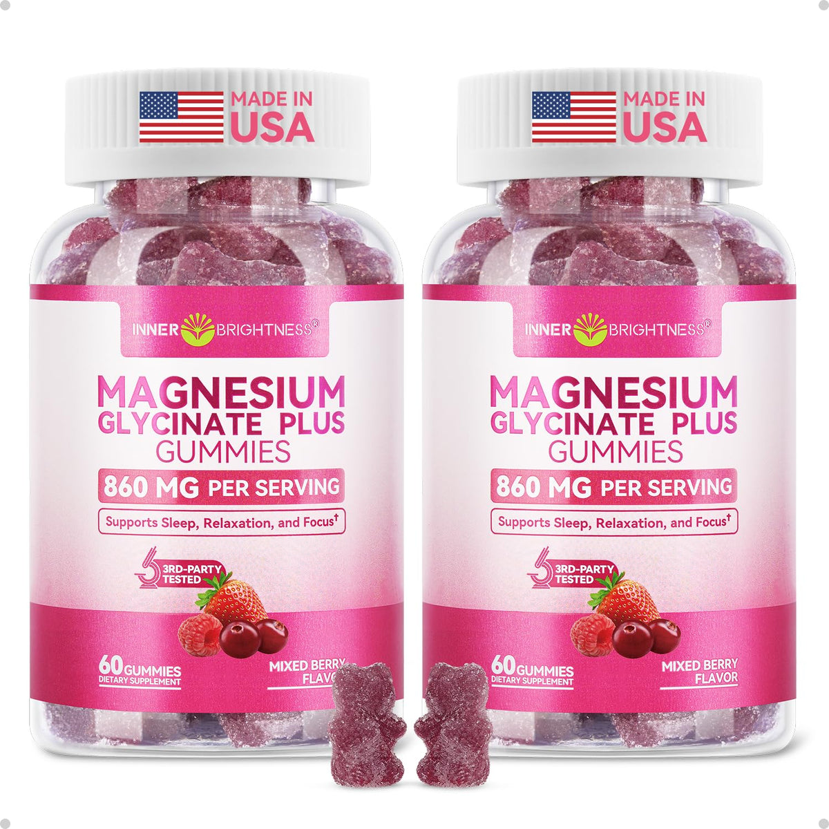 Inner Brightness Magnesium Glycinate Plus bottle shows a sugar-free daily calm potential