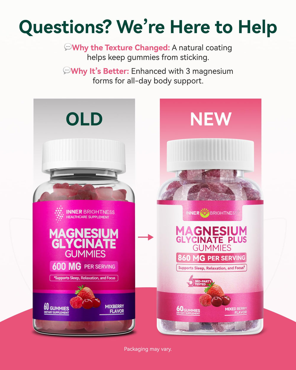 Inner Brightness gummies bottle label highlights magnesium content and 60 count