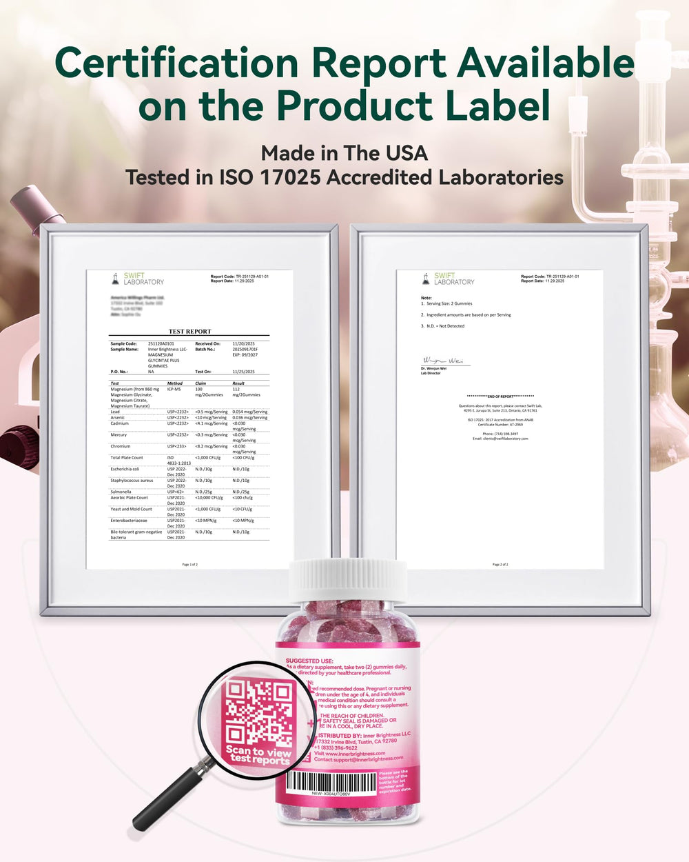 Ingredients list of Inner Brightness gummies showing vegan and non-GMO features