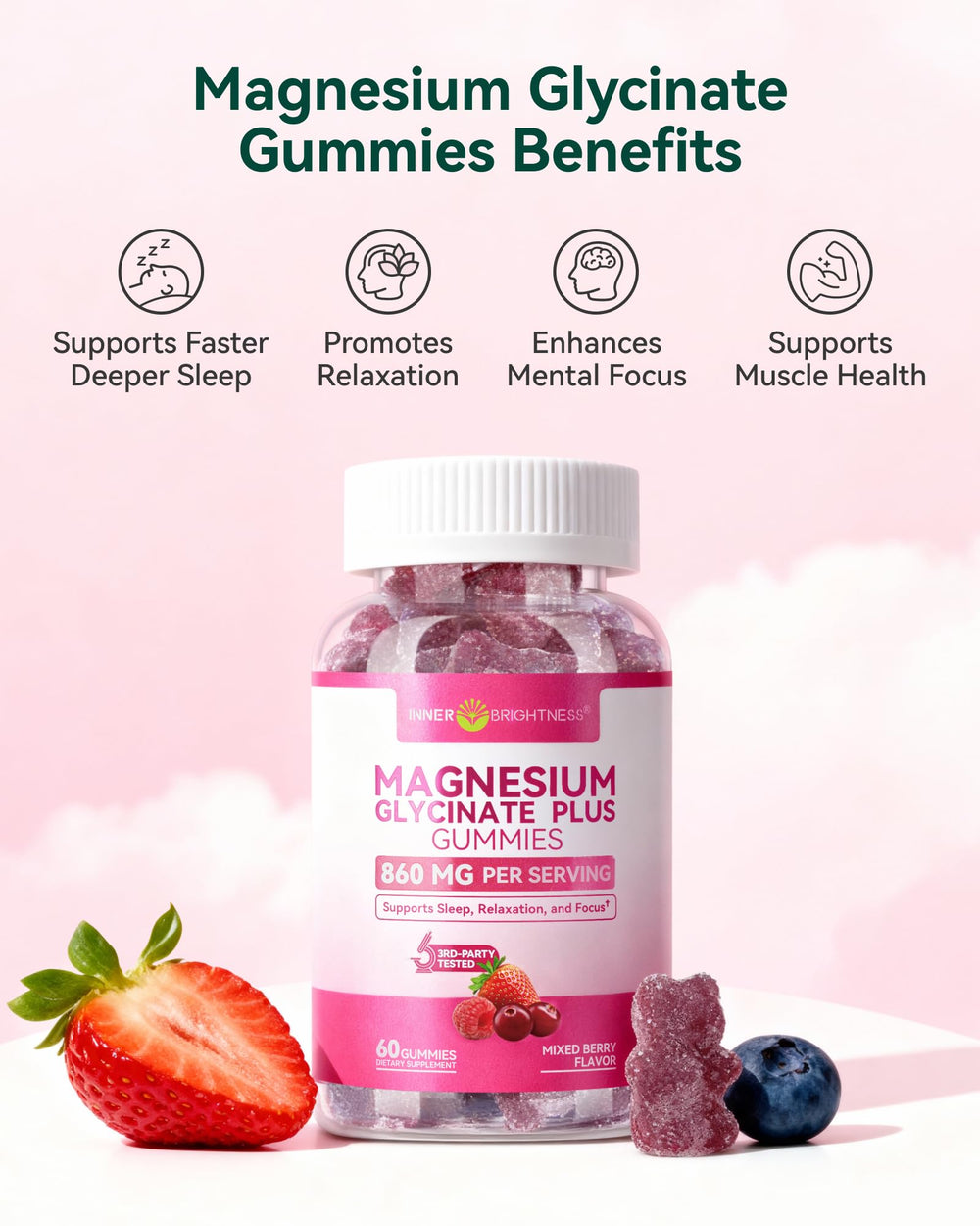 Serving of Inner Brightness gummies illustrating daily use for focus and relaxation