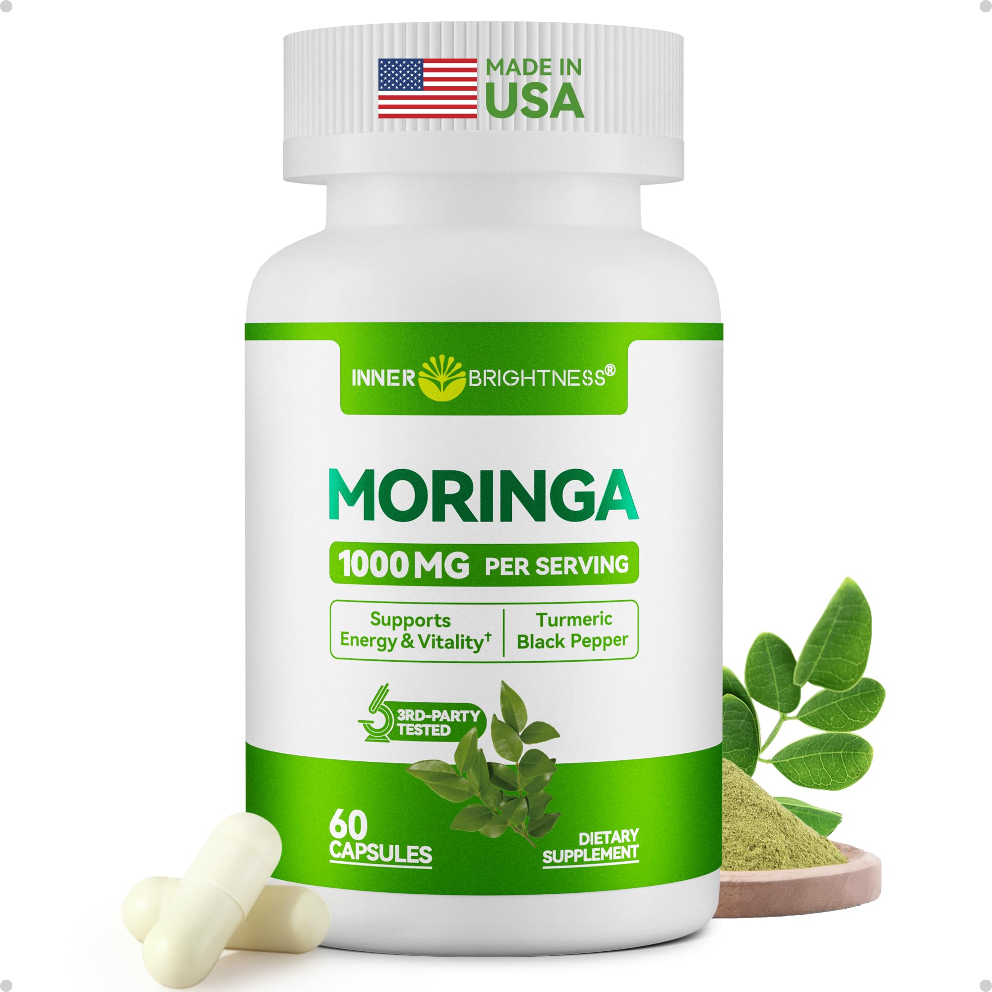 Inner Brightness Moringa Capsules bottle highlights 1000 mg per serving for daily energy support.