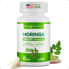 Inner Brightness Moringa Capsules bottle highlights 1000 mg per serving for daily energy support.